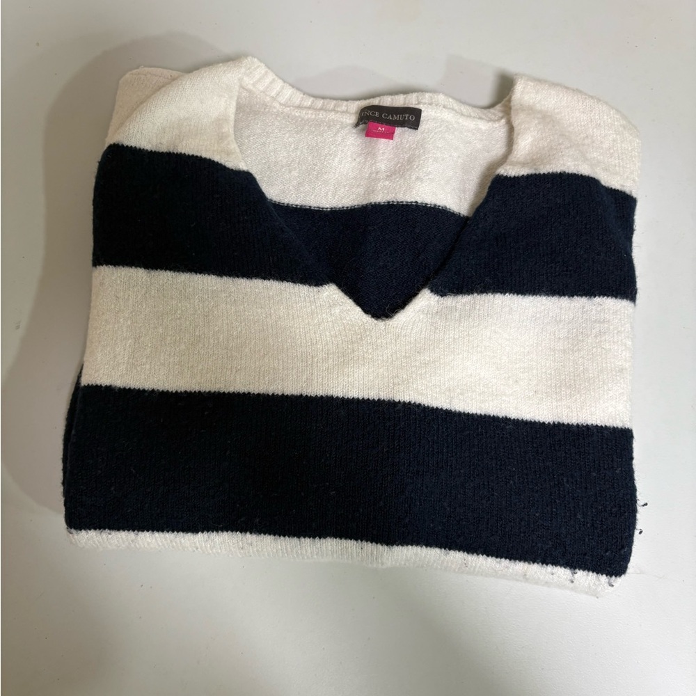 Vince Camuto Navy and Cream Striped V-Neck Sweater